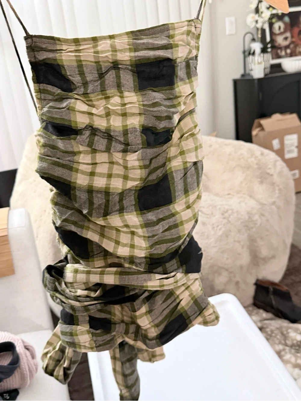 Free People Olive Green and Black Plaid Ruched Tank Top